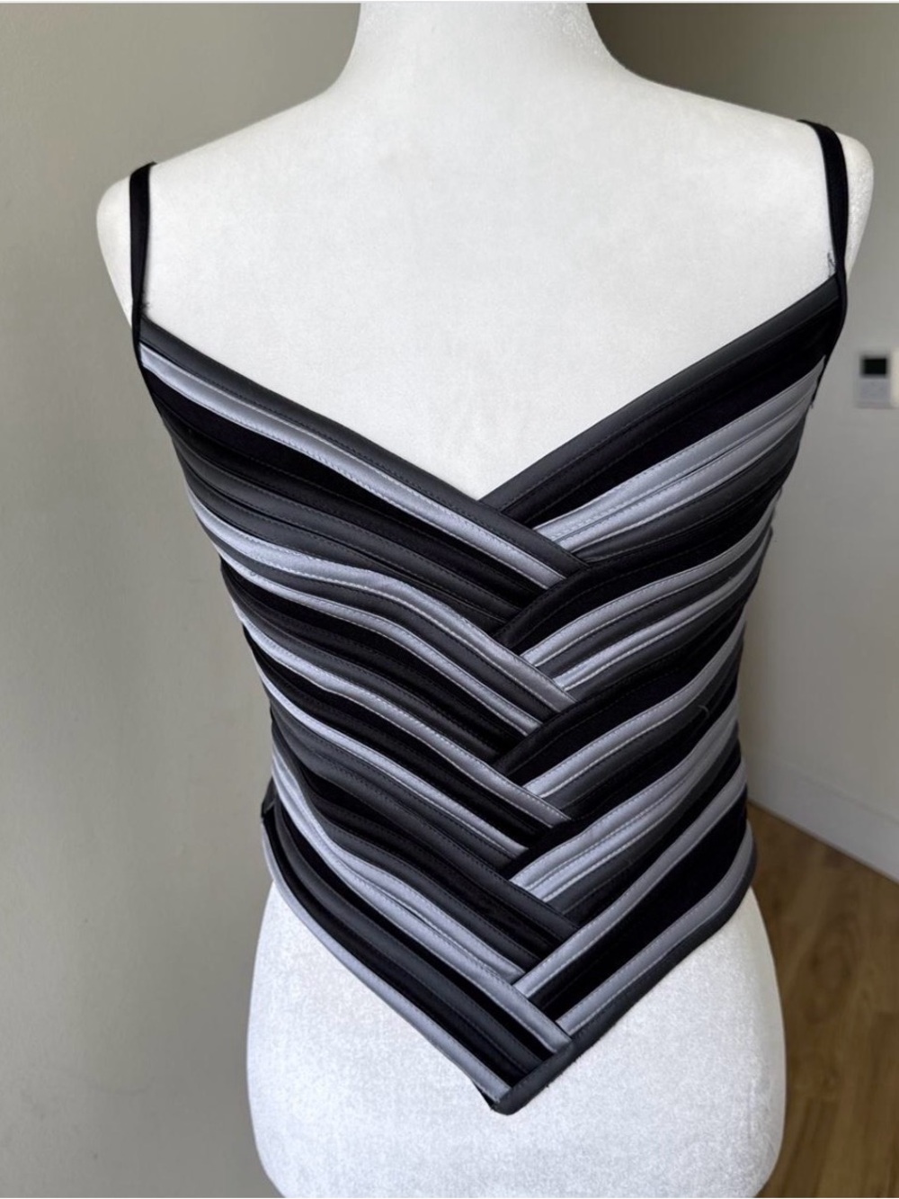 Tadashi Shoji Black and Silver Striped V-Neck Cami